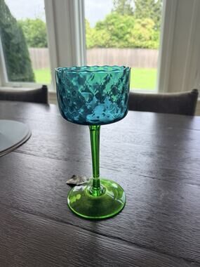 VTG MCM Empoli Italian Art Glass Goblet, Blue & Green Honeycomb Glass